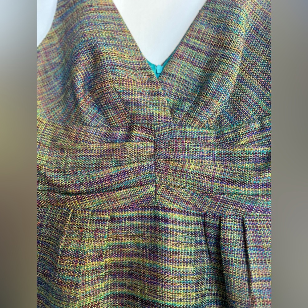 Trina Turk Tweed V Neck Knee Length Sleeveless Sheath Dress, Turquoise/Purple, 4